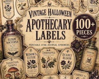 Peut inclure: Une collection d'étiquettes d'apothicaire vintage pour Halloween avec des illustrations botaniques, des crânes et des textes comme Elixir Nocturna, Widow's Elixir et Arsenic. L'ensemble comprend plus de 100 pièces d'éphémères imprimables.