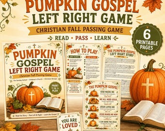 May include: A Pumpkin Gospel Left Right Game printable set featuring six pages with fall-themed graphics, orange pumpkins with white crosses, open Bibles, and autumn leaves. The text includes instructions, a story, and game details.