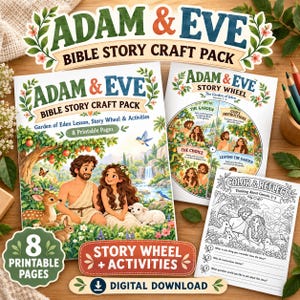 May include: An Adam & Eve Bible story craft pack featuring eight printable pages, including a story wheel with Garden of Eden illustrations, a colour and reflect activity sheet, and a cover page with a colourful depiction of Adam and Eve.