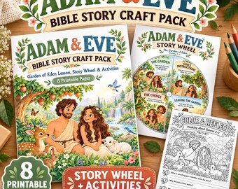May include: An Adam & Eve Bible story craft pack featuring eight printable pages, including a story wheel with Garden of Eden illustrations, a color and reflect activity sheet, and a cover page with a colorful depiction of Adam and Eve.