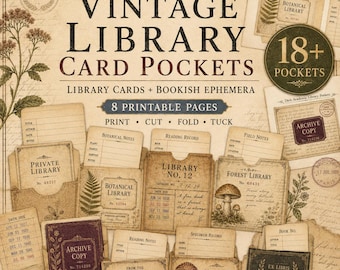 Peut inclure: Une collection de pochettes de cartes de bibliothèque de style vintage et d'éphémères avec des illustrations botaniques, des graphiques de champignons et du texte incluant "Vintage Library Card Pockets" sur un fond de papier beige.