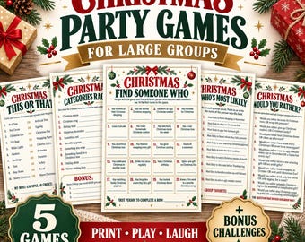 May include: A set of five printable Christmas party games for large groups, including This or That, Categories Race, Find Someone Who, Who's Most Likely, and Would You Rather. The cards feature red and green text, holly, and pine accents.
