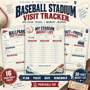 Peut inclure: Un ensemble de documents PDF imprimables pour le suivi des visites de stades de baseball, comprenant un planificateur de voyage, une liste de stades à visiter et une page de souvenirs pour noter les dates, lieux et détails des matchs.