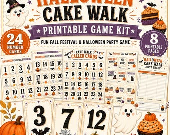 May include: A Halloween Cake Walk printable game kit featuring 24 number cards, caller cards, and a host sheet. The design includes illustrations of ghosts, pumpkins, cupcakes, bats, and autumn leaves with text reading Halloween Cake Walk.