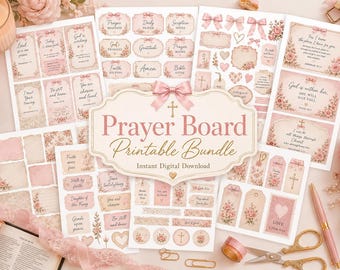 May include: A collection of printable prayer board elements in soft pink and cream tones. The bundle includes tags, labels, and cards with floral accents and inspirational quotes. The words "Prayer Board Printable Bundle" are displayed prominently.