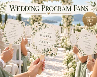 May include: Square wedding program fans with wooden handles featuring white floral and green leaf illustrations. The text reads Wedding Program Fans, Printable PDF, The Ceremony, The Wedding of Olivia and Daniel September 14, 2024, and Our Wedding Party.