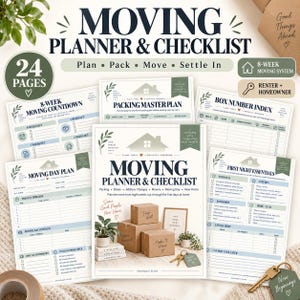 May include: A 24-page moving planner and checklist featuring an 8-week moving system for renters and homeowners. The set includes templates for a packing master plan, box number index, moving day plan, and first night essentials with a house graphic.
