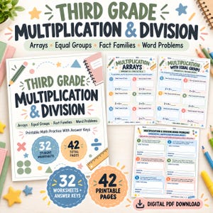 Könnte beinhalten: Ein Set von Mathe-Arbeitsblättern für die dritte Klasse mit dem Titel Multiplication & Division, das Arrays, gleiche Gruppen, Faktenfamilien und Textaufgaben enthält. Es umfasst 32 Arbeitsblätter und 42 Seiten als digitaler PDF-Download.