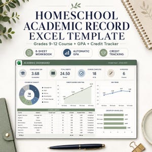 May include: A digital homeschool academic record Excel template featuring an academic dashboard with a cumulative GPA of 3.68, 24.50 total credits, and 18 courses completed. The interface includes a pie chart, line graphs, and a course summary table.