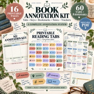May include: A printable book annotation kit featuring 16 pages, 60 tabs, and 8 bookmarks. The set includes an annotation key, reading tabs with functional labels, and quick reference bookmarks. The design uses a cream background with black text.