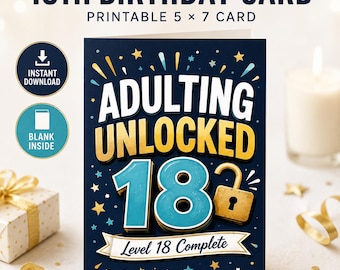 May include: A dark blue 18th birthday greeting card featuring the text ADULTING UNLOCKED 18 and Level 18 Complete. The design includes a large number 18, a gold padlock, and scattered yellow and light blue stars on a dark blue background.