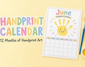 May include: A printable calendar page for June titled Handprint Sunshine, featuring a yellow handprint with a smiling face and colorful rays. A blue paintbrush and a small container of yellow paint are positioned next to the calendar.