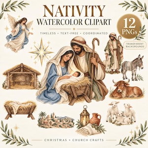 Op de afbeelding: Een verzameling aquarel kerststal-clipart met Maria, Jozef en het kindje Jezus in een kribbe, een engel, een stal, een herder met een lam, een ezel, een koe, drie lammetjes, een lantaarn, een aarden kruik en een dorpslandschap.
