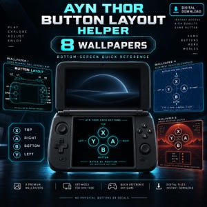 May include: A digital download set of 8 wallpapers for the Ayn Thor handheld console, featuring button layout guides. The main image shows a black handheld device with a screen displaying a button mapping diagram with X, Y, A, and B labels.