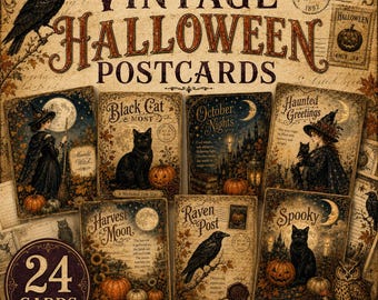 Peut inclure: Un ensemble de 24 cartes postales et cartes de journal sur le thème d'Halloween au style vintage, illustrées de chats noirs, corbeaux, sorcières, citrouilles et lunes. Les designs incluent des textes comme Black Cat, October Nights et Haunted Greetings.