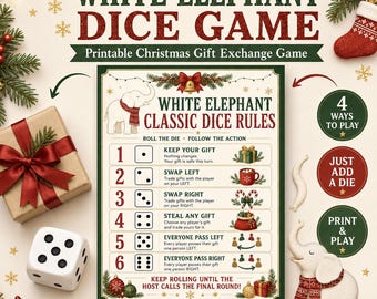 May include: A White Elephant Dice Game printable instruction sheet featuring a numbered list from one to six with corresponding actions, a white die, a gift box with a red ribbon, and a white elephant figurine wearing a red patterned scarf.