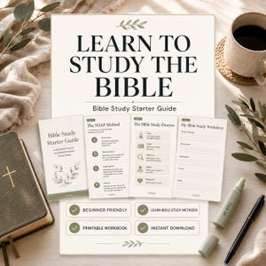 Op de afbeelding: Een bijbelstudie-starterset met een grote titelkaart, vier instructiekaarten over de SOAP-methode, het studieproces en een werkblad, samen met een bijbel, een pen en een markeerstift. De tekst luidt Learn to Study the Bible.