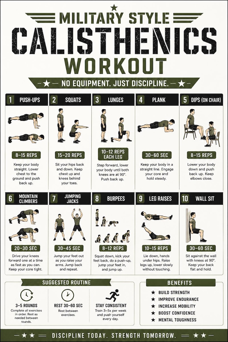 Military Style Calisthenics Workout Printable PDF, Beginner Bodyweight ...