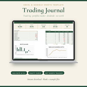Op de afbeelding: Een digitaal trading journal sjabloon voor Excel en Google Sheets weergegeven op een laptopscherm. De interface bevat prestatiegegevens, handelsstatistieken, een maandelijkse tabel, een staafdiagram voor winst/verlies en een equity curve.