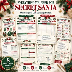 Puede incluir: Un kit organizador de Secret Santa imprimible que incluye ocho páginas con un planificador de intercambio, rastreador de participantes, sorteo de nombres, cuestionario, lista de deseos, planificador de regalos y etiquetas navideñas.