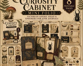 May include: A collection of printable pages titled Curiosity Cabinet Mini Folio featuring Victorian gothic ephemera for junk journals. The set includes illustrations of moths, beetles, mushrooms, ferns, and specimen cards on aged paper backgrounds.
