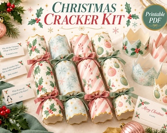 May include: A Christmas Cracker Kit printable PDF featuring four crackers with holly, snowflake, candy cane, and ornament patterns. Includes matching paper crowns, joke cards, and name tags with red and green accents and gold scalloped edges.