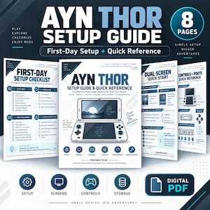 May include: An 8-page digital PDF setup guide for the AYN Thor handheld gaming device. The document features a first-day setup checklist, dual-screen quick start instructions, and a controls and ports reference with diagrams and text.