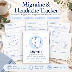 Puede incluir: Un conjunto de seguimiento de migrañas y dolores de cabeza en PDF imprimible de 32 páginas en tamaño US Letter. Las páginas incluyen un registro diario de síntomas, cuadrícula semanal, mapa de cabeza y formularios de preparación médica.