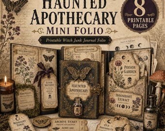 Peut inclure: Un kit de mini folio Haunted Apothecary comprenant 8 pages imprimables d'éphémères de style vintage, incluant des étiquettes, des pochettes et des étiquettes de spécimens. Le design présente des illustrations botaniques, des papillons, des crânes et du texte.