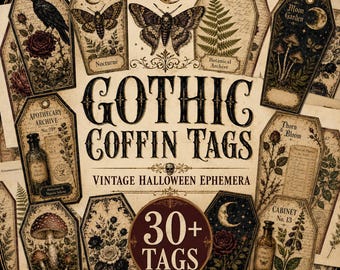 Peut inclure: Une collection d'étiquettes en papier en forme de cercueil avec des illustrations de style vintage représentant des papillons de nuit, des corbeaux, des champignons, des roses et des flacons d'apothicaire. Le texte central indique GOTHIC COFFIN TAGS.