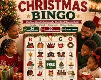May include: A Christmas bingo game set featuring 24 unique cards and 30 prompts. The game board displays a grid with illustrations of a Black family, nativity scenes, gifts, and holiday icons. Text includes African American Christmas Bingo.