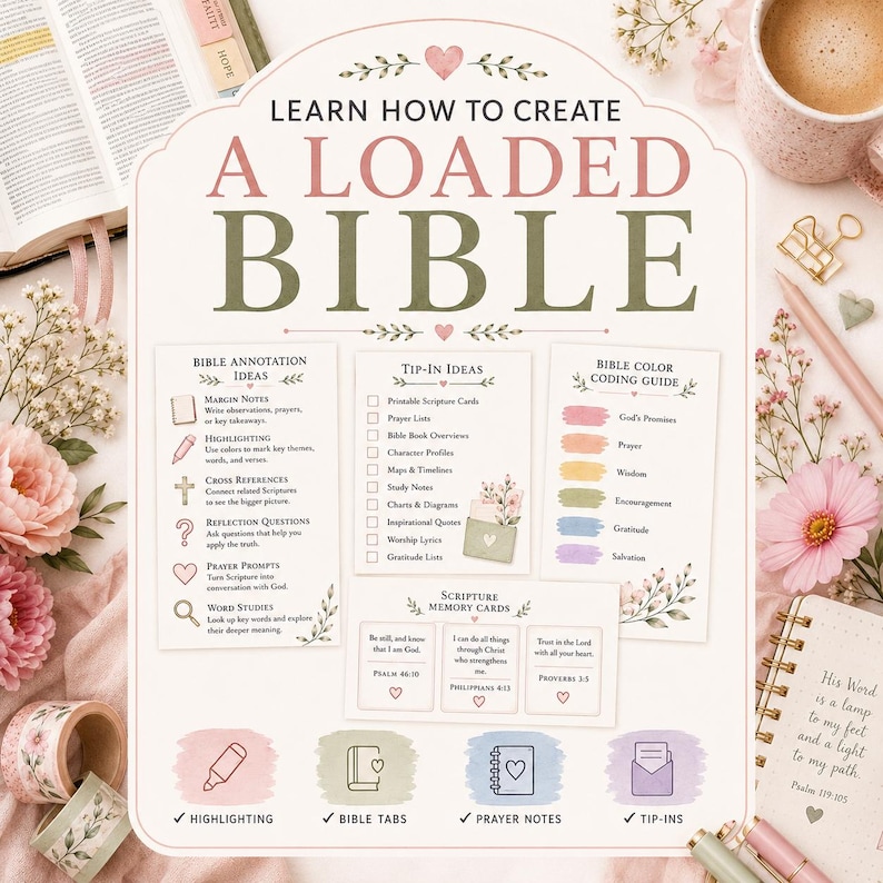 May include: An instructional guide titled LEARN HOW TO CREATE A LOADED BIBLE with sections for Bible Annotation Ideas, Tip-In Ideas, a Bible Color Coding Guide, and Scripture Memory Cards, featuring pastel illustrations and icons for study.