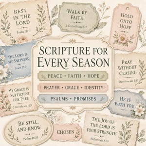 May include: A collection of decorative paper labels and tags featuring floral illustrations and religious text. The central label reads Scripture for Every Season, surrounded by smaller tags with verses like Rest in the Lord and Walk by Faith.