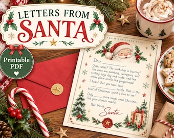 May include: A printable PDF letter from Santa featuring a festive design with holly, a red envelope with a gold star seal, and a letter template addressed from the North Pole. The letter includes a Santa illustration, Christmas tree graphics, and text.