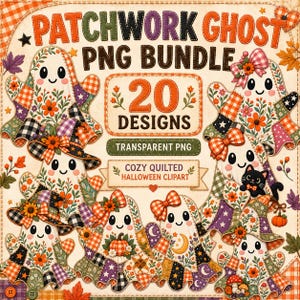 Może przedstawiać: Cyfrowy pakiet graficzny zatytułowany PATCHWORK GHOST PNG BUNDLE zawierający 20 wzorów duchów z kreskówek z patchworkowymi wzorami, motywami kwiatowymi, kokardami w kratę, kapeluszami czarownic, dyniami i czarnym kotem na kremowym tle.