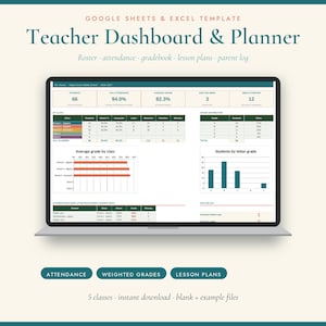May include: A digital teacher dashboard and planner template for Google Sheets and Excel. The screen displays data tables, bar charts, and metrics for student attendance, grades, and lesson plans. Text includes Teacher Dashboard & Planner.