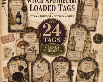 Peut inclure: Un ensemble de 24 étiquettes en papier décoratives et éphémères présentant des illustrations botaniques et d'apothicaire de style vintage. Les motifs incluent des flacons, champignons, roses, papillons et clés, avec le texte Witch Apothecary Loaded Tags.