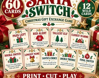 May include: A Santa Switch Christmas gift exchange game set featuring 60 cards, including 12 wild cards. The game includes cards with instructions like Pass Left, Red Alert, Tallest Elf, Closest to Home, Double Switch, Longest Name, Santa's Choice, Double Trouble, and Final Switch.