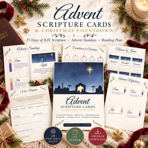 May include: A set of Advent scripture cards and Christmas countdown printable pages featuring a nativity scene illustration, KJV scripture verses, reading plans, and reflection prompts. The collection includes 18 pages in US letter size format.