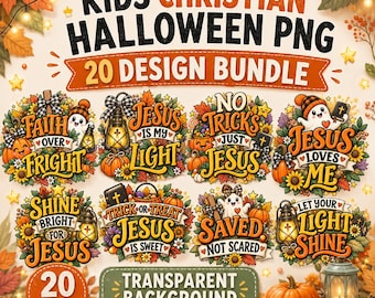 May include: A digital design bundle featuring 20 Christian-themed Halloween graphics for kids. The collection includes illustrations of pumpkins, lanterns, sunflowers, and ghosts with text such as Faith Over Fright and Jesus Is My Light.