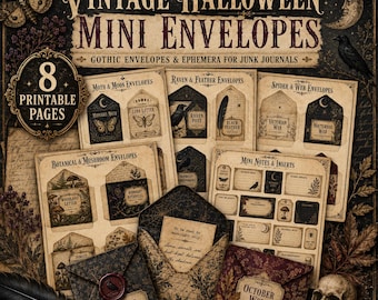 Peut inclure: Un ensemble de huit pages imprimables présentant des mini-enveloppes d'Halloween vintage, des éphémères gothiques et des inserts pour journaux. Les motifs incluent des papillons de nuit, lunes, corbeaux, plumes, araignées, toiles et champignons.