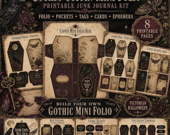 May include: A printable junk journal kit titled Gothic Coffin Mini Folio featuring eight pages of ephemera, including coffin-shaped base templates, interior panels, pockets, tags, tuck cards, and envelopes with dark floral, raven, and moth motifs.