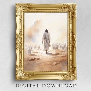 Jesus with Flock of Sheep Print, The Lord is my Shepherd, Christ Portrait, Religious Art Print, Wall Art, Home Decor, Boho Watercolor