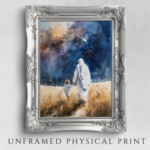 Jesus Christ Walking With Child, Physical Print, Religious Gift, Decor, Bible Art, Christian Art, Watercolor Painting, Starry Night