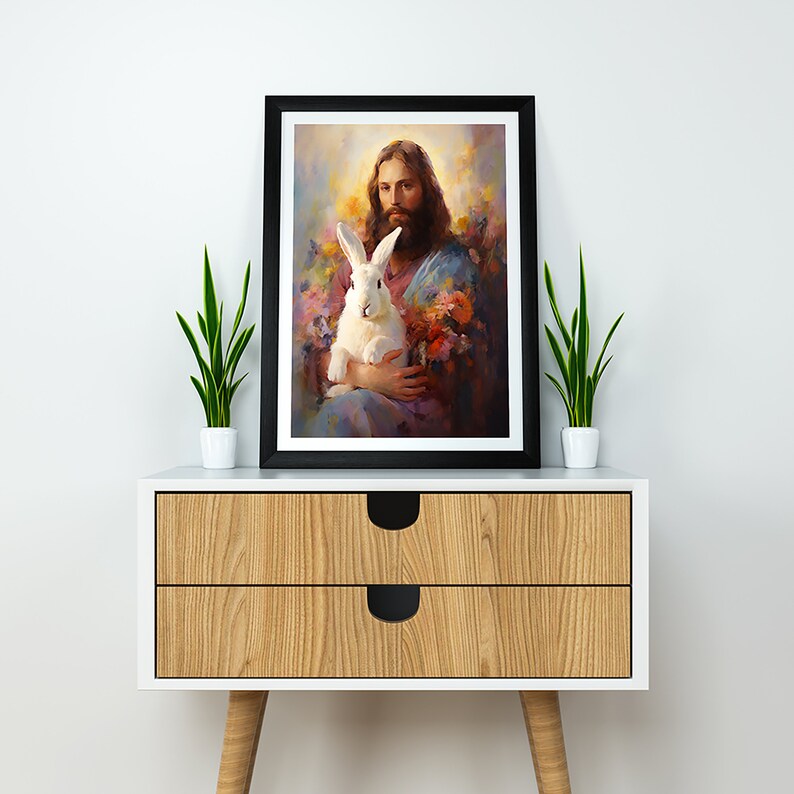Jesus Christ Holding Rabbit Oil Painting Art - Christian Easter Home ...