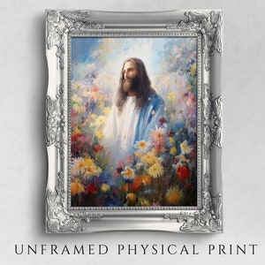 Jesus Christ Surrounded by a Floral Scene, Easter Season, Christian Home Decor, Oil Painting Religious Bible Art, Physical Portrait Print