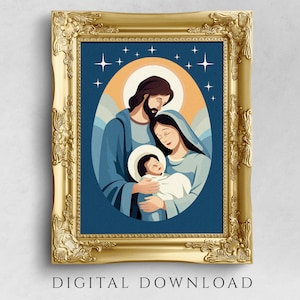 Embrace of Jesus, Mary and Joseph, Inspired by Biblical Stories, Printable Christian Home Decor Art for Nativity, Digital Illustration