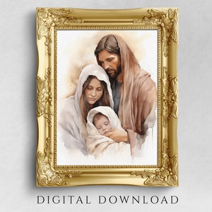 Embrace of Jesus Christ, Mary and Joseph, Inspired by Biblical Stories, Printable Christian Nativity Home Decor Ver 2