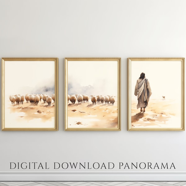 Set of 3 Jesus Art Prints, Jesus Leaves the 99, The Lost Lamb Print, Triptych Art, Christian wall art gift, Bible Art, Panorama Printable