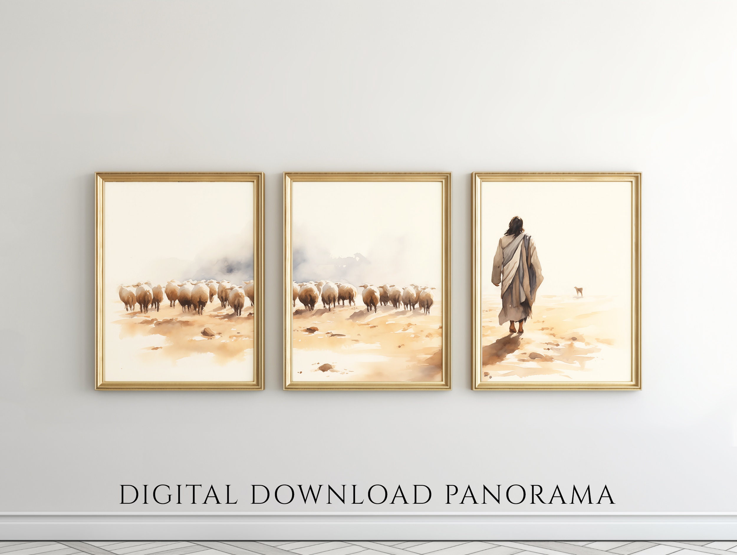 Set of 3 Christian Prints, Jesus Leaves the 99, The Lost Lamb Print, Triptych Art, Jesus wall art gift, Bible Art, Panorama Printable